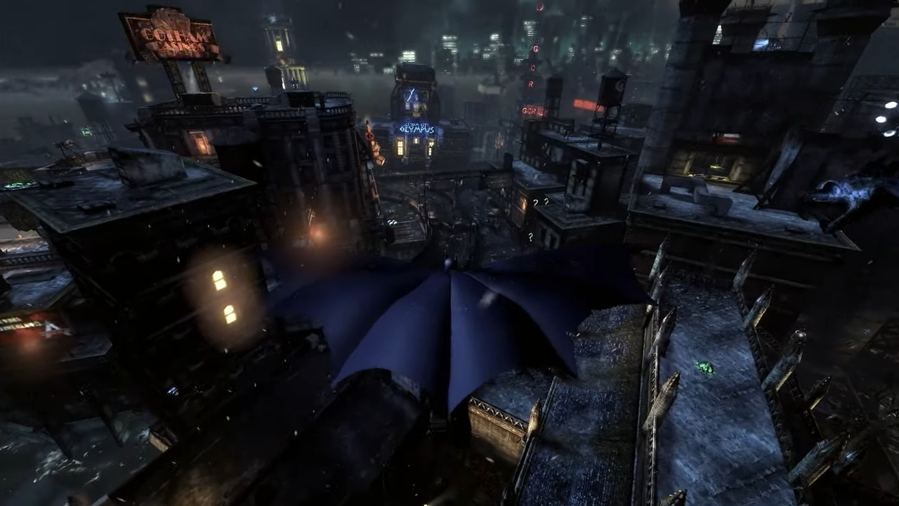 Batman flying over the city of Gotham in Batman Arkham Knight